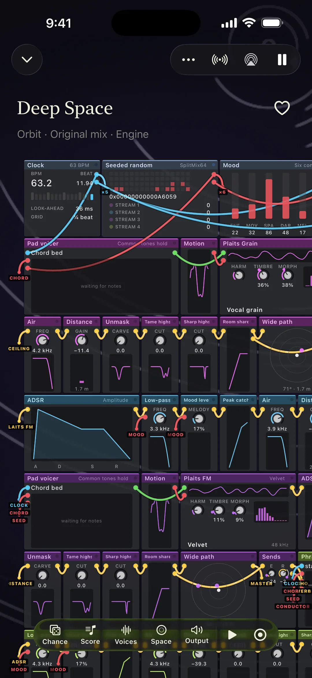 Raumo’s Engine view of Deep Space: modules joined by cables, with live readouts